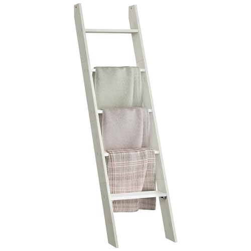 VASAGLE Blanket Ladder Decorative Farmhouse for The Living Room, 5-Tier Ladder Shelf, Ladder Rack for Storage and Decor, Rustic White ULLS018W73