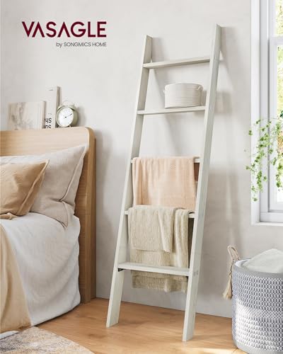 VASAGLE Blanket Ladder Decorative Farmhouse for The Living Room, 5-Tier Ladder Shelf, Ladder Rack for Storage and Decor, Rustic White ULLS018W73