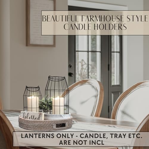 Rustic Farmhouse Lantern Decor Set of 2 - Stylish Decorative Lanterns for Your Living Room, Fireplace Mantle or Kitchen Dining Table - Modern Upscale Beauty for Your Entire Home