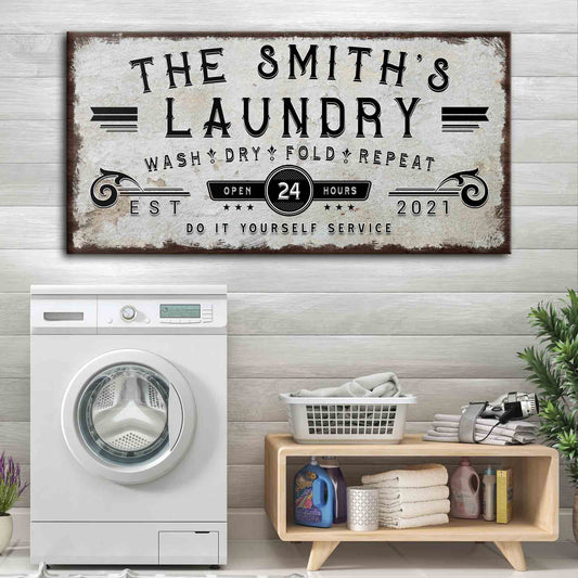 Tailored Canvases Personalized Laundry Sign - Large Canvas Wall Art Decor and Accessories for Laundry Room, Business and Farmhouse - Rustic Wall Decoration, Family Name Wash Dry Fold Repeat, 20"x10"