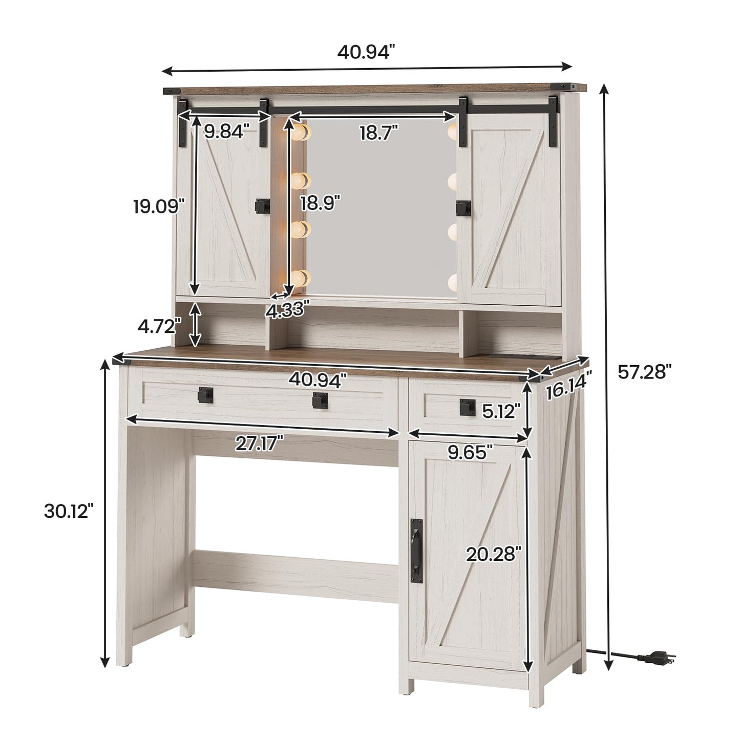 AOGLLATI Makeup Vanity with Lights & Barn Doors, Vanity Desk with Mirror and Lights & Charging Station, Farmhouse White Vanity Table with Jewelry Hooks and Open Storage Shelves