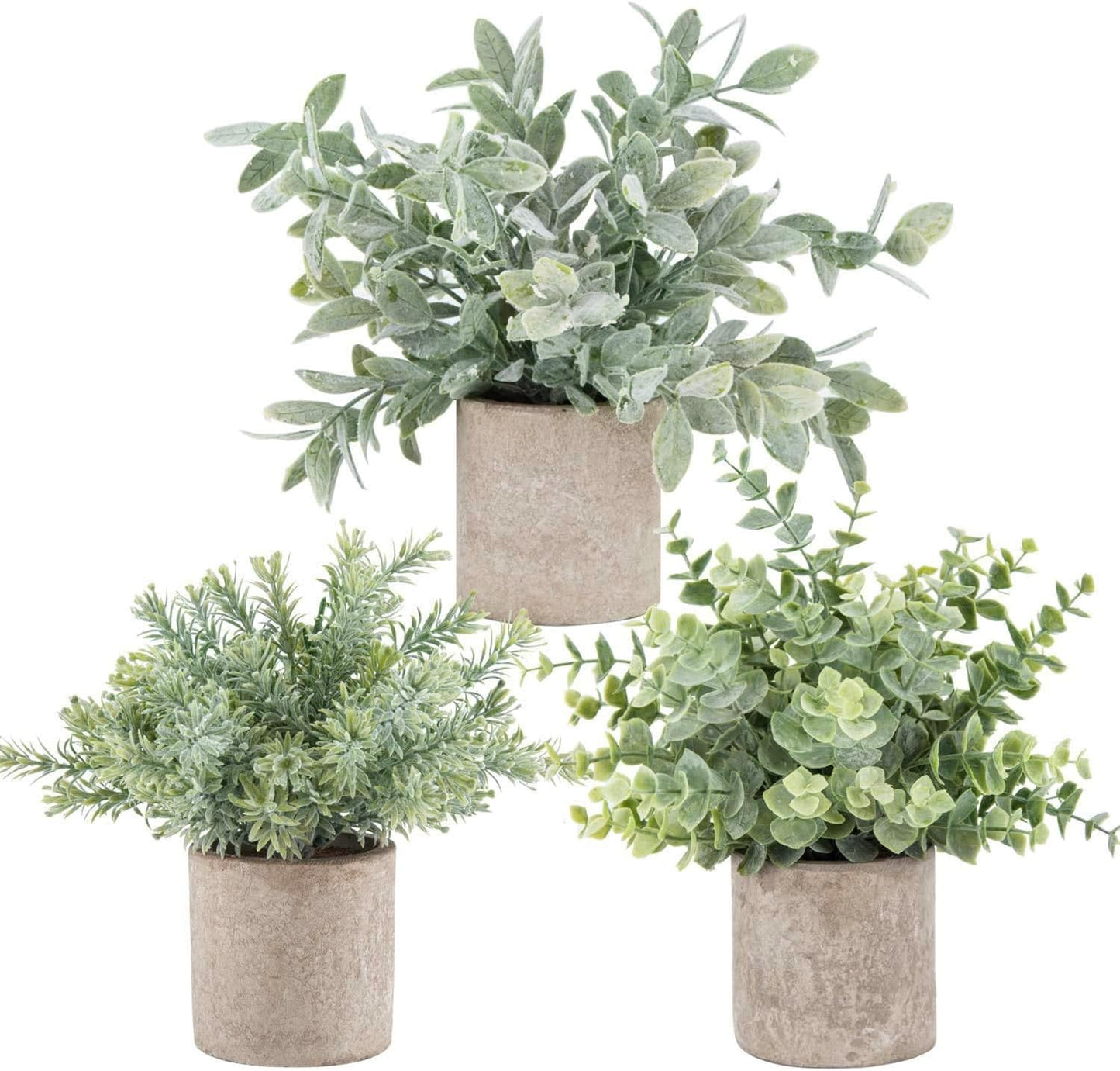 Der Rose 3 Pack Mini Potted Fake Plants Artificial Plastic Eucalyptus Plants Topiaries for Home Office Desk Farmhouse Room Decor