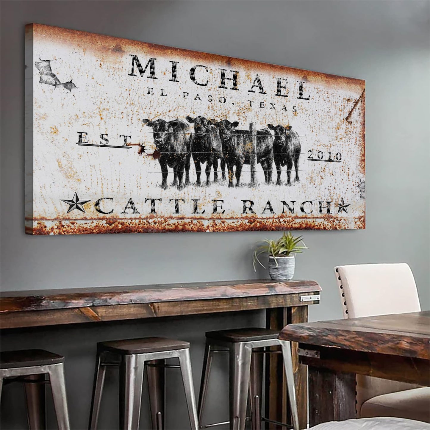 TAILORED CANVASES Personalized Cattle Ranch Sign Wall Art Decor - Custom Large Rustic Family Print Canvas for Farmhouse, Home, Living Room, Bedroom and Kitchen - Angus Cows behind fence, 20x10in