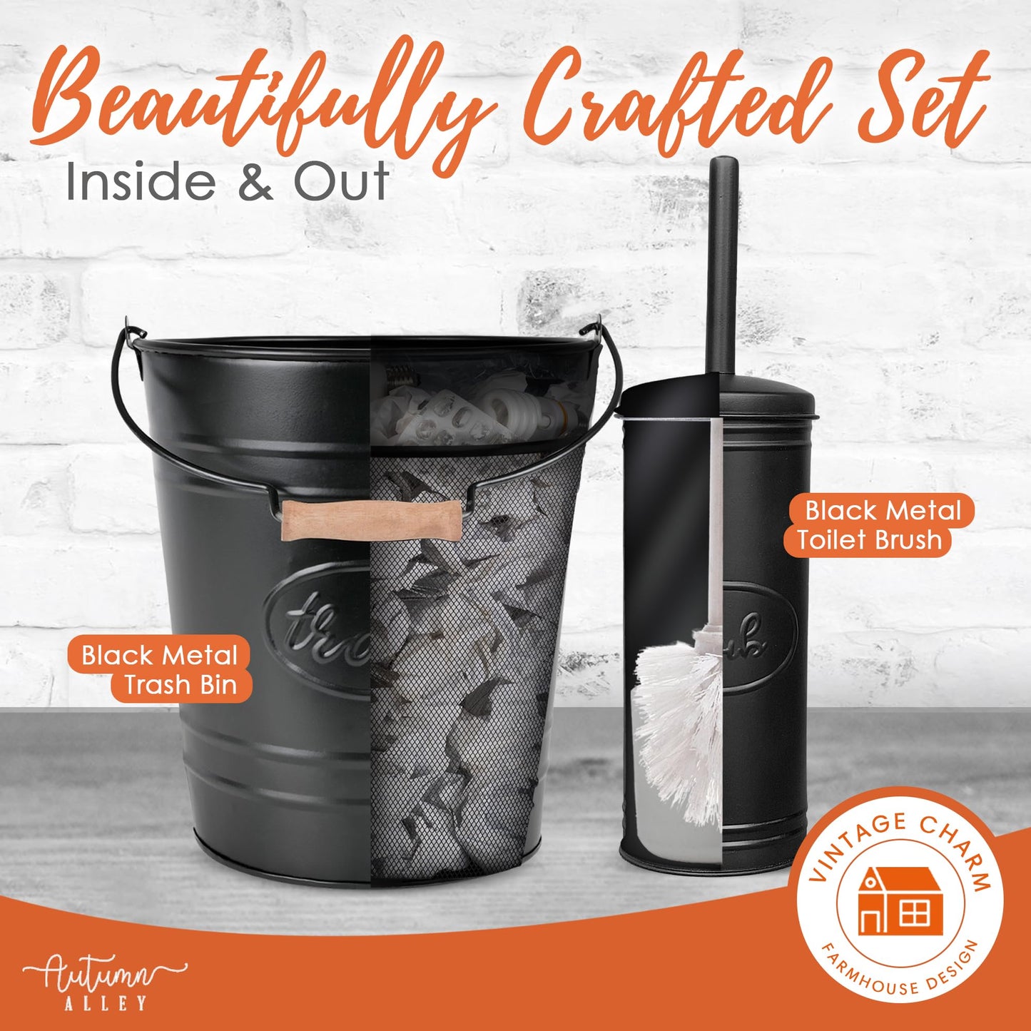 Autumn Alley Farmhouse Bathroom Trash Can and Toilet Brush Set - Rustic Farmhouse Bathroom Accessories for Charming Bathroom Décor, Black