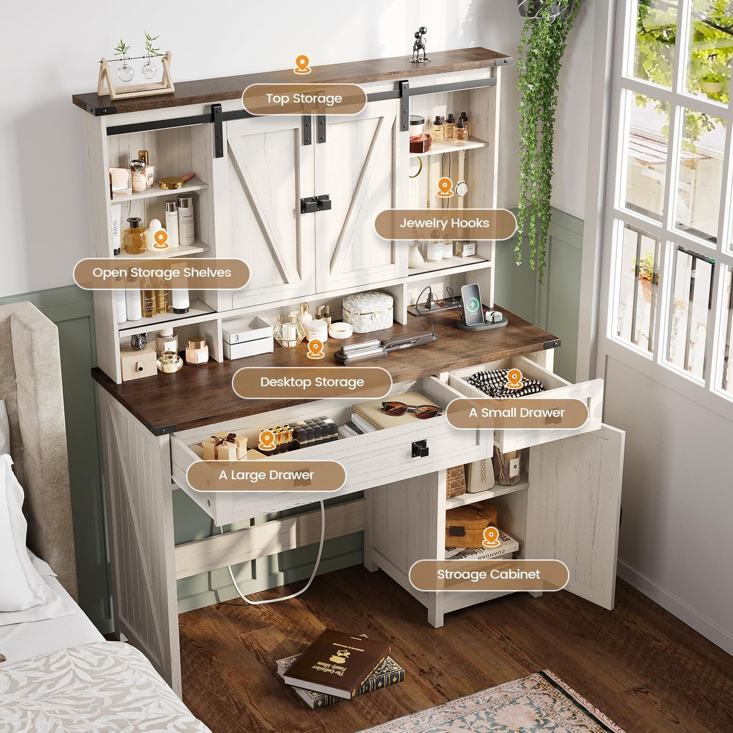 AOGLLATI Makeup Vanity with Lights & Barn Doors, Vanity Desk with Mirror and Lights & Charging Station, Farmhouse White Vanity Table with Jewelry Hooks and Open Storage Shelves