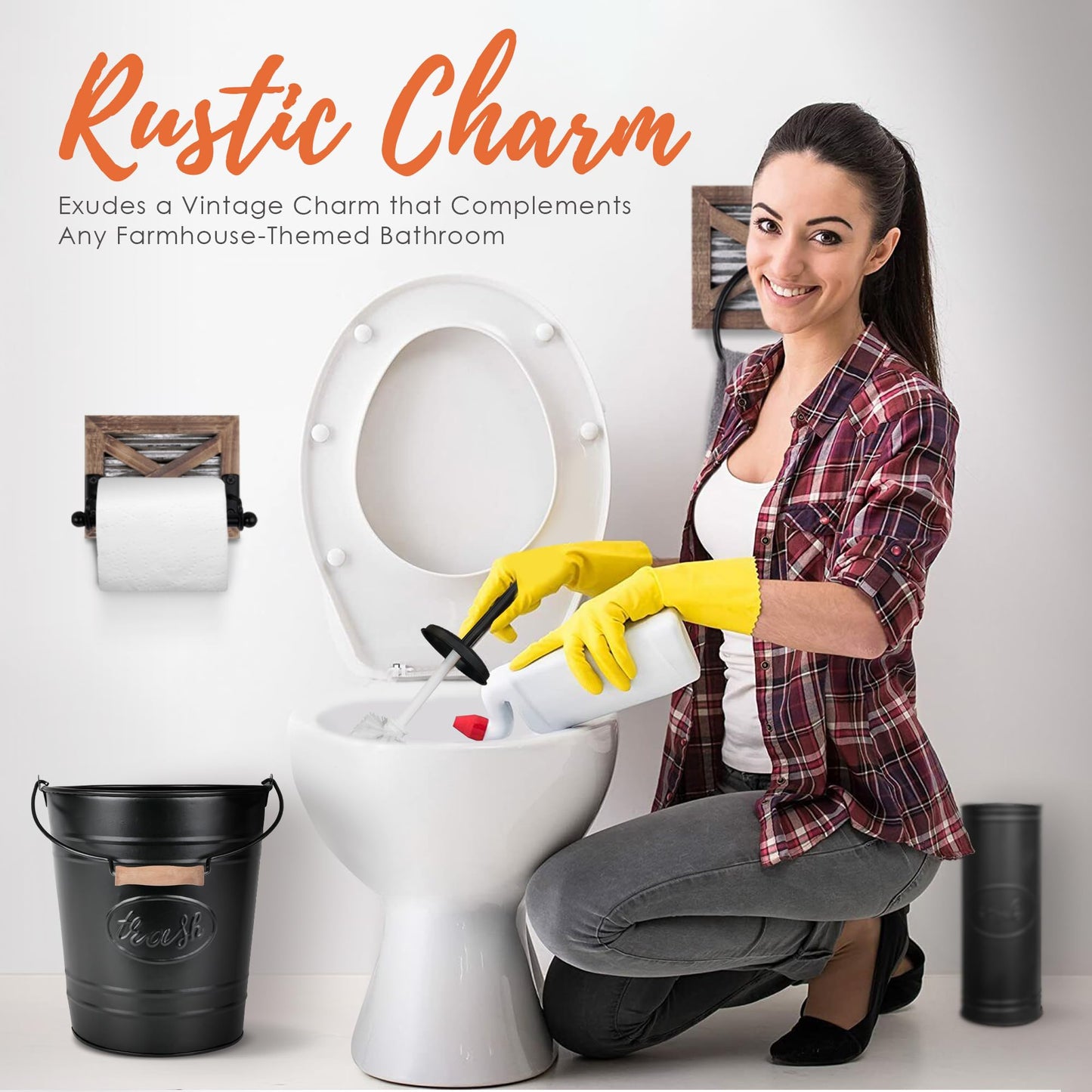 Autumn Alley Farmhouse Bathroom Trash Can and Toilet Brush Set - Rustic Farmhouse Bathroom Accessories for Charming Bathroom Décor, Black